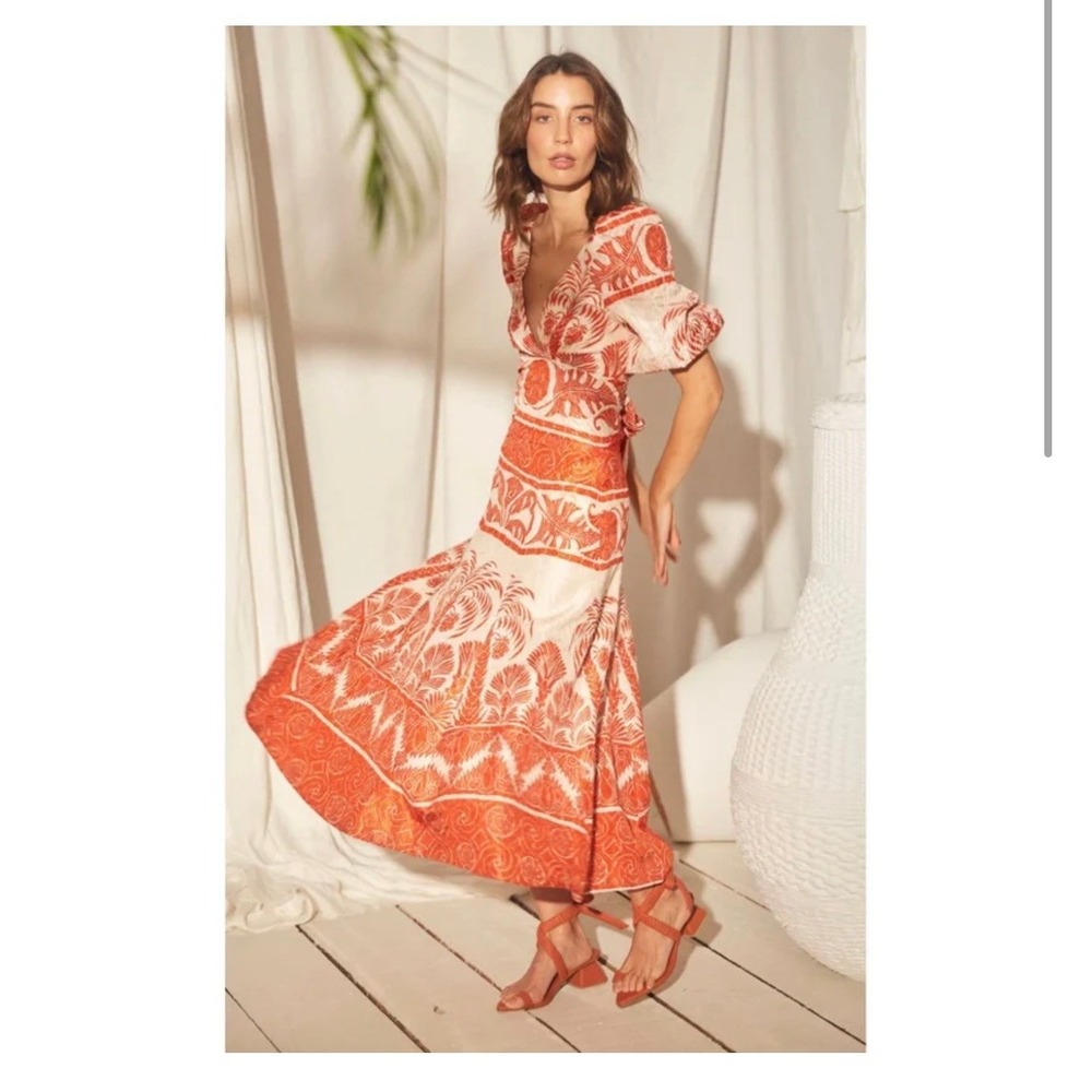 Johanna Ortiz Orange & Cream Tiered Floral Midi Dress
